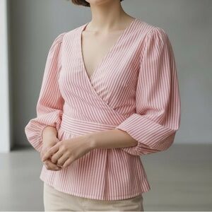 LOVE J | Womens Faux Wrap Striped Surplice Puff Statement Sleeves Top size Small